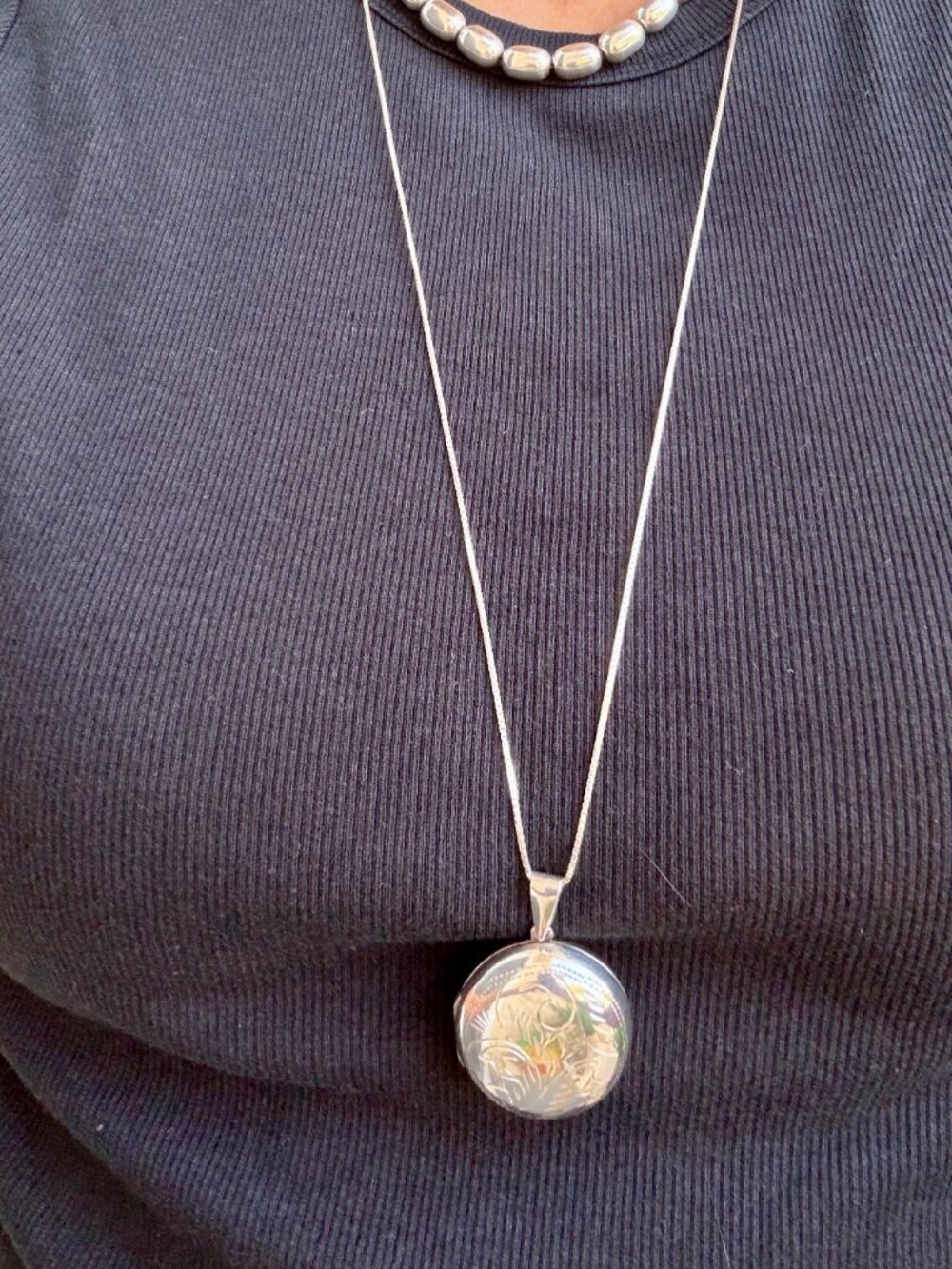 Vintage Sterling Silver Puffed Round Locket Necklace with Etched Thistle Design
